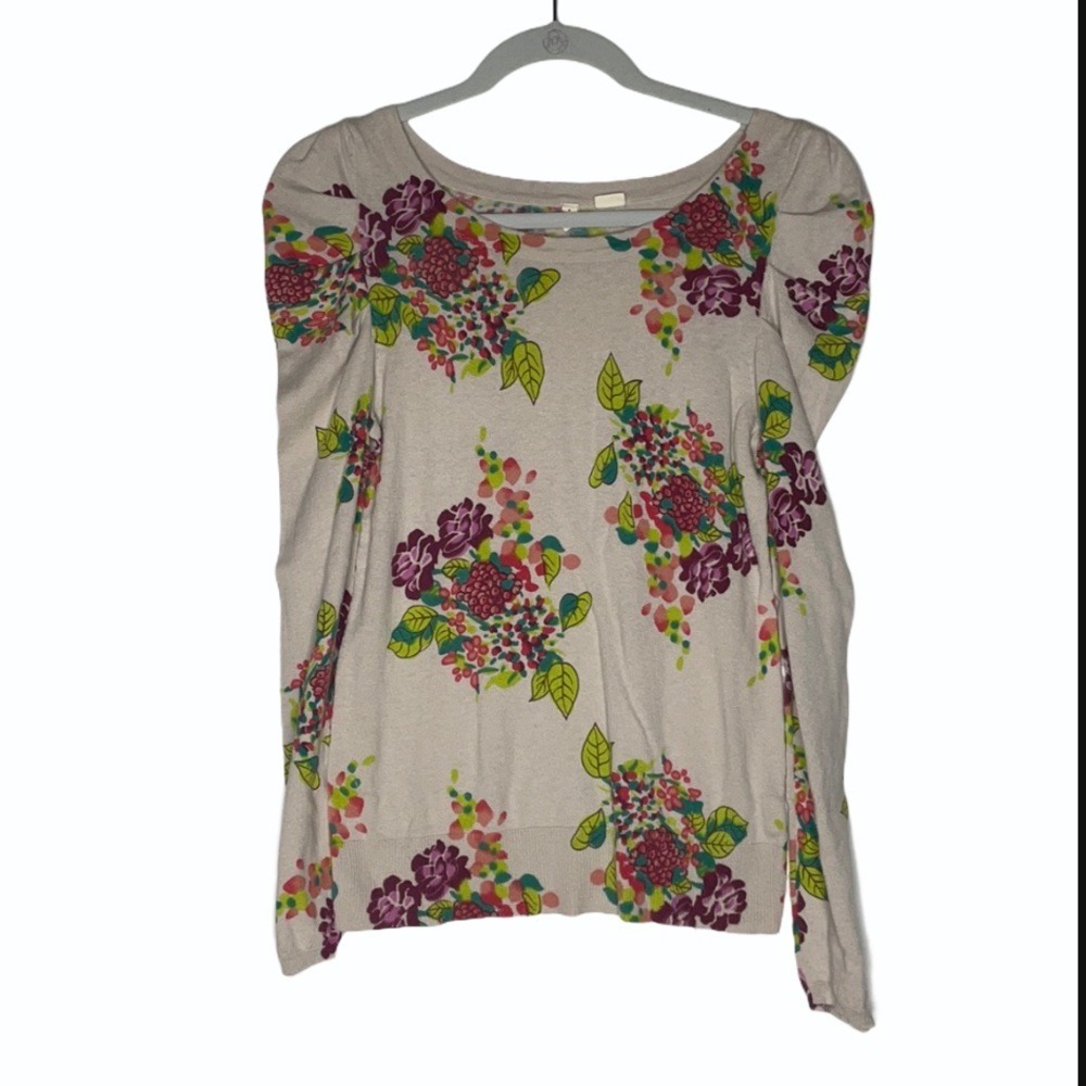 Anthroplogie Moth Floral Sweater Puff Sz Small